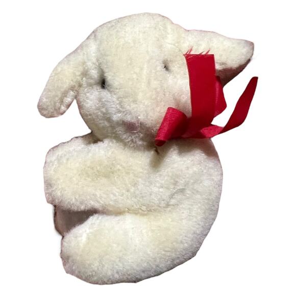 Vintage 90s White Lamb Finger Puppet Plush Red Bow Pencil Topper - Picture 1 of 9